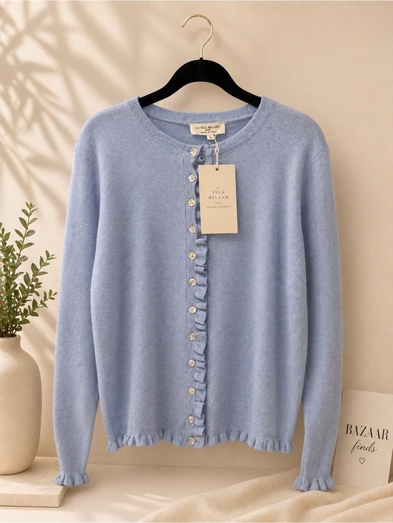 Vila Milano Sweaters - La Villa Milano Sky Blue Ruffle-Trim Button Cardigan